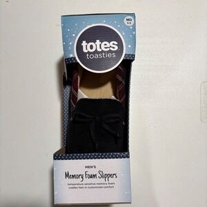 Totes Toasties Mens Memory Foam Slippers Black Plaid Moccasin Size Medium‎ 8-9